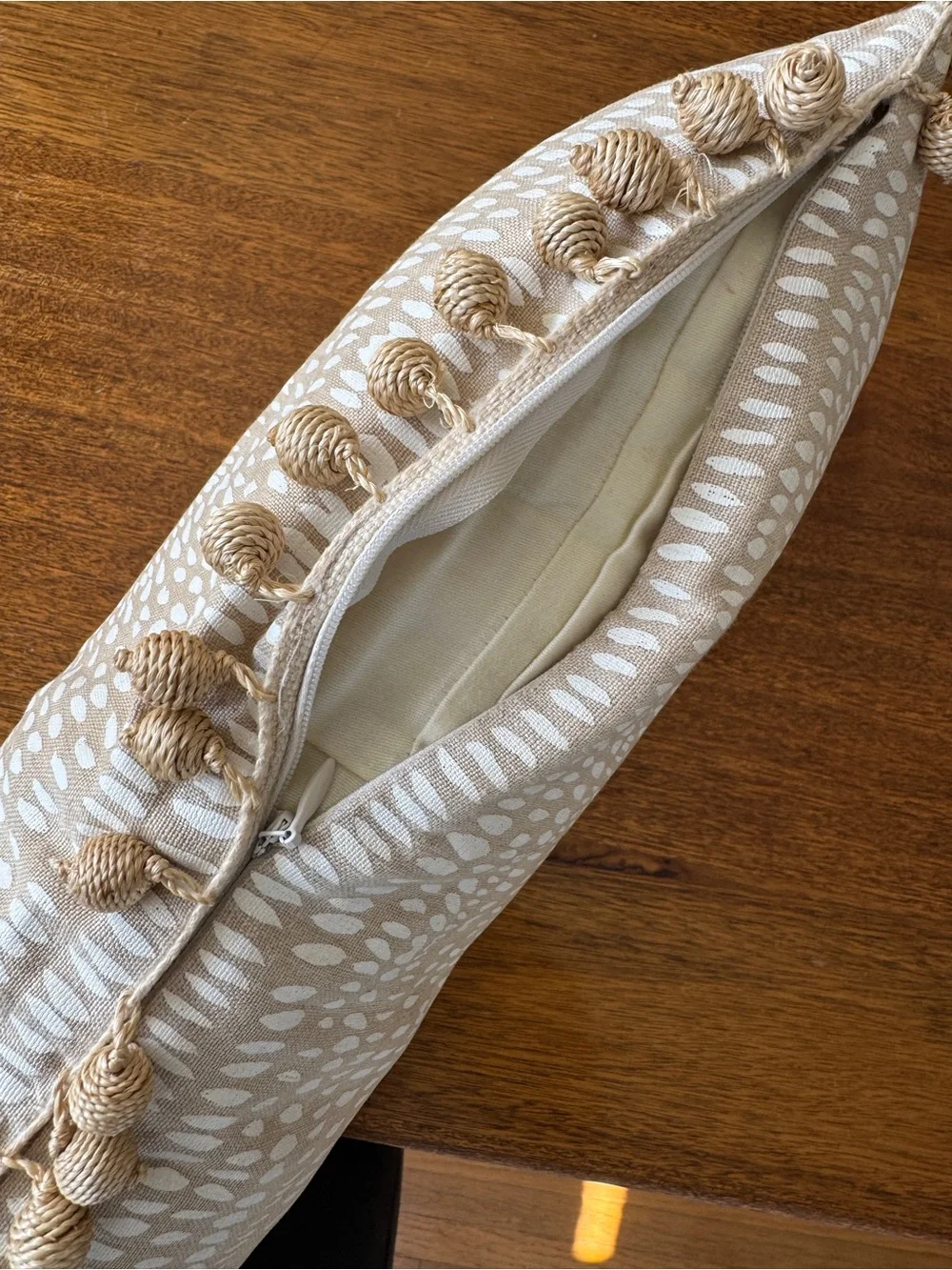 Custom Rebecca Atwood Lumbar Pillow with Jute Pom Pom Trim - 12x18
